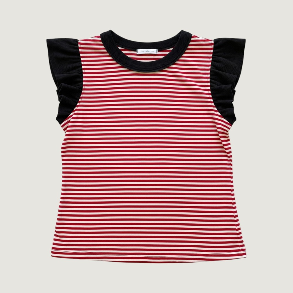 Ces Femme Red White Striped Ruffle Sleeve Top Black Trim Medium NWT